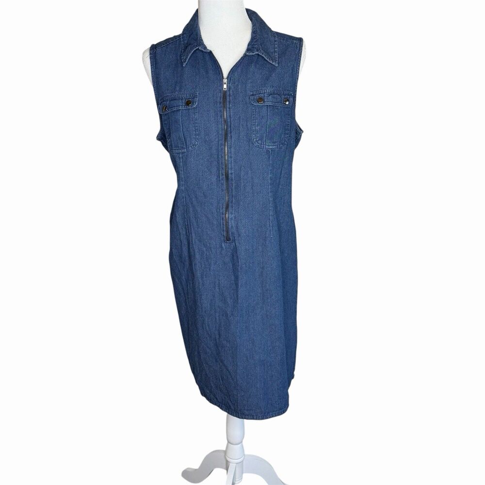 J Gee Womens XL Sleeveless Denim Zip Front Tunic Dress Modest 100% Cotton